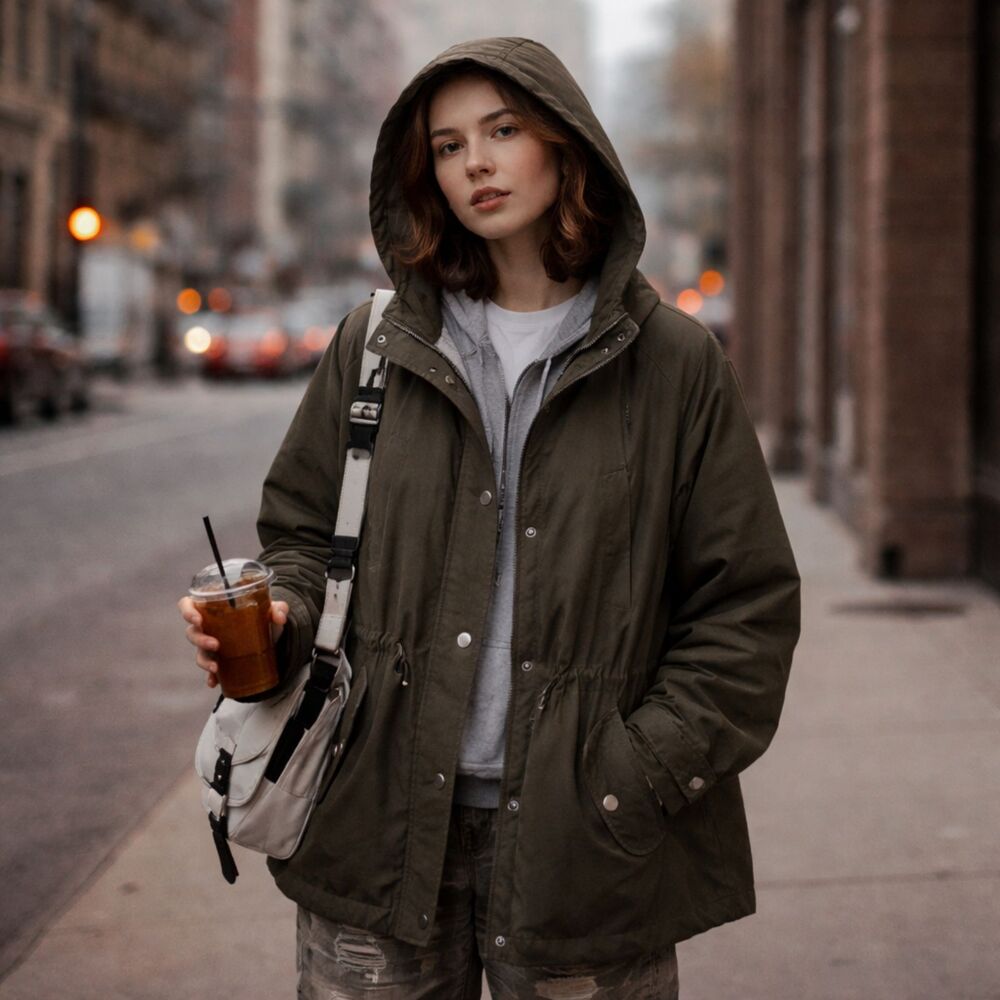 Women Utility Parka Jacket XL Olive Hooded Gorpcore Outdoor Layering Coat